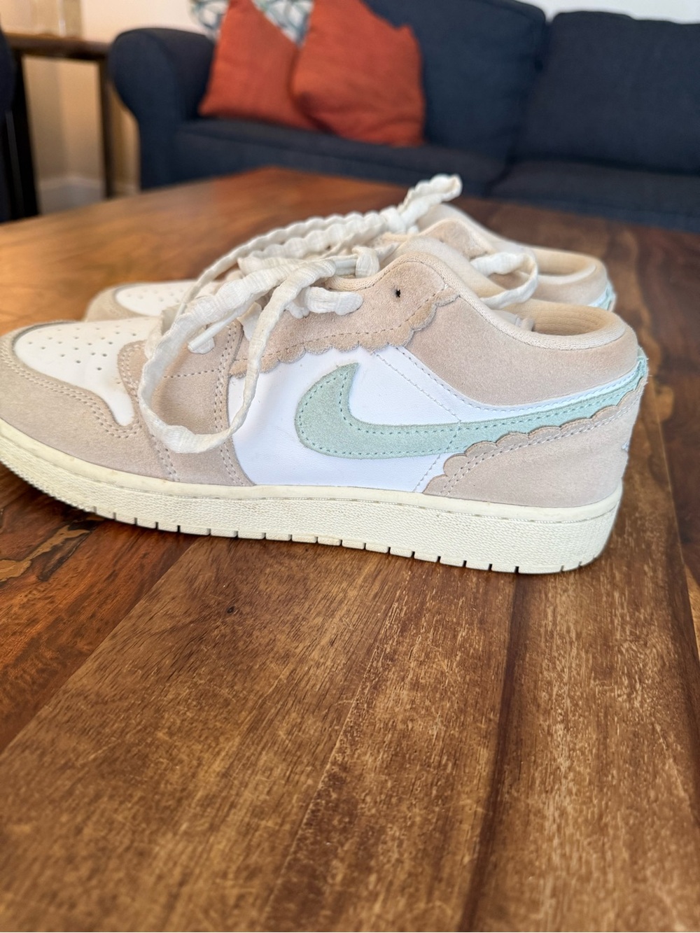 Nike Low-Top Suede Sneakers in Beige, White & Mint scalloped edge men 7 jordan 1